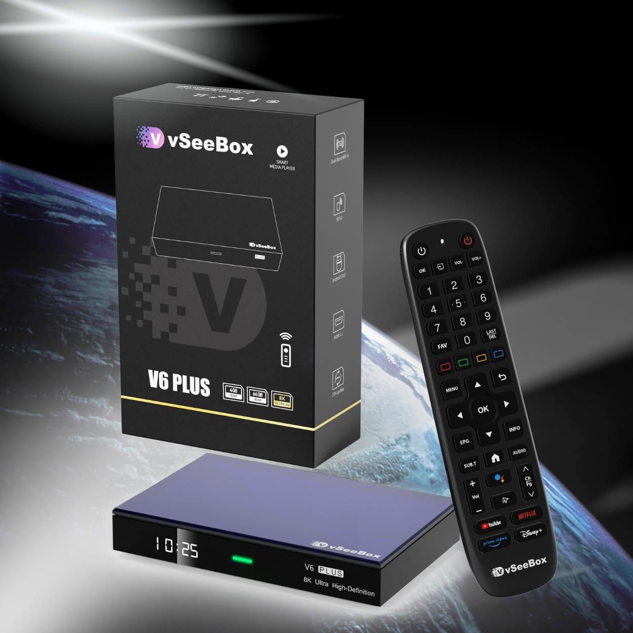 vSeeBox V6 Plus device, backlit remote, and retail box